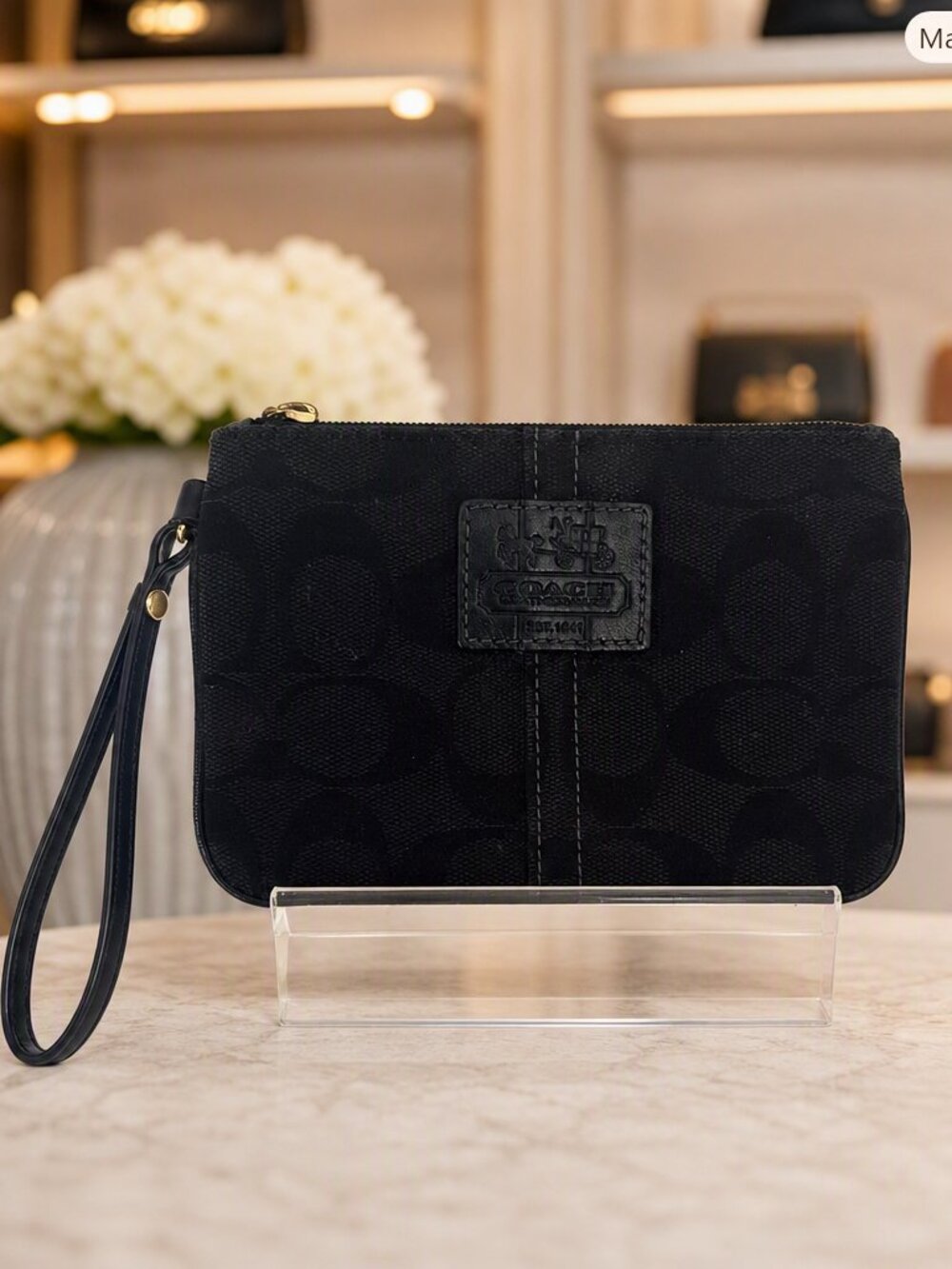 Coach Leatherware Black Monogram Wristlet with Leather Accents